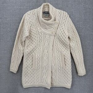 Aran Crafts Sweater Cardigan Womens Small White 100% Merino Wool Ireland Cable